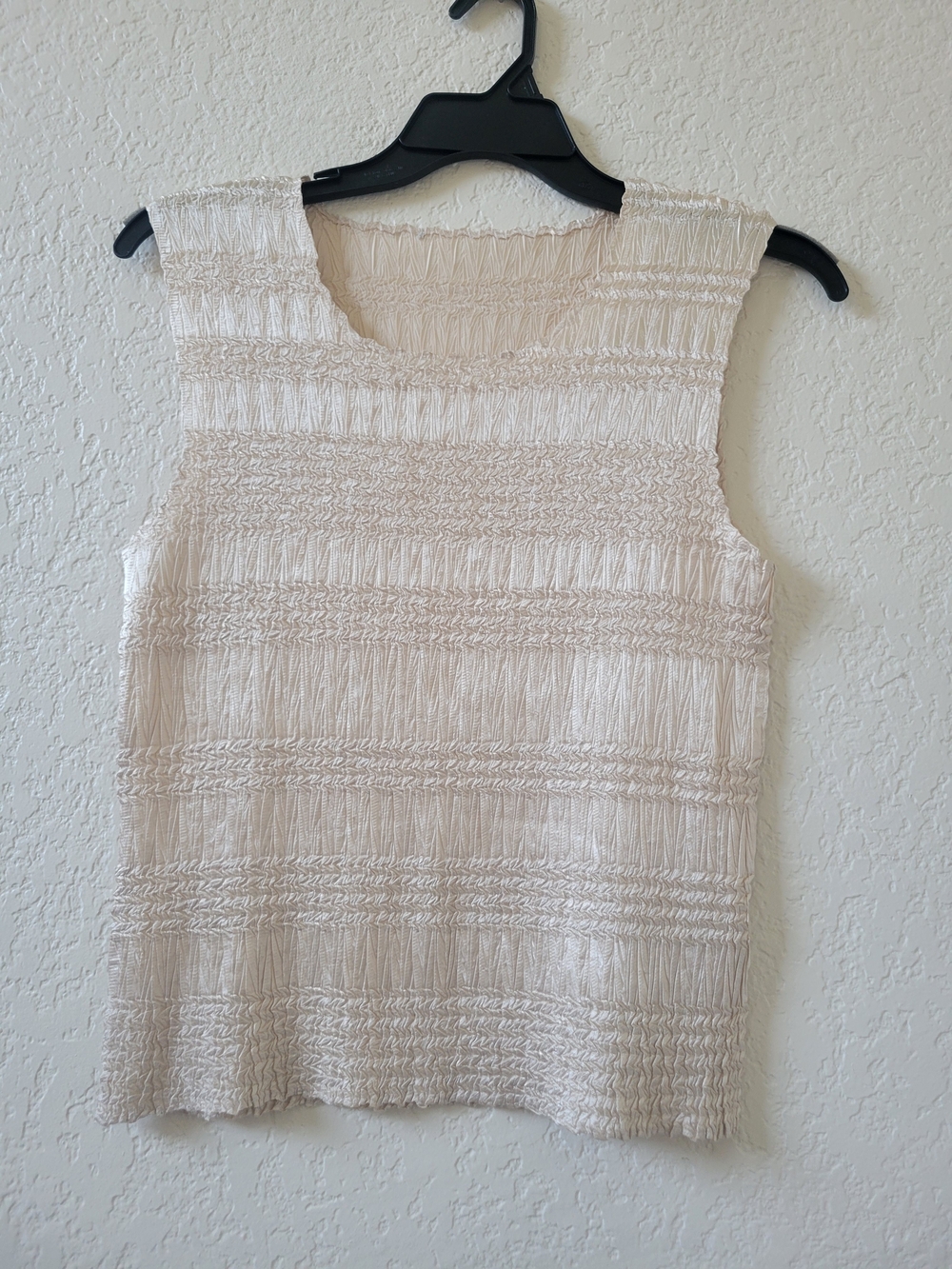 Sleeveless Cream Textured Smocked Silk Tank Top